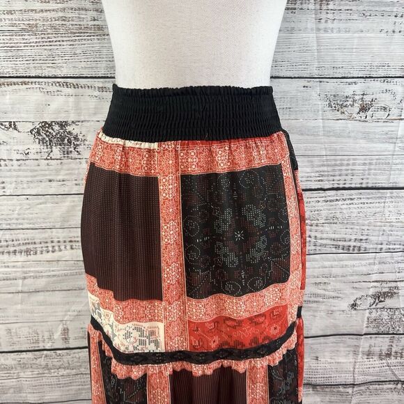 Langer Skirt sz Medium Dark Red Black Tiered Boho Lace Long Maxi Peasant Modest - Picture 5 of 14